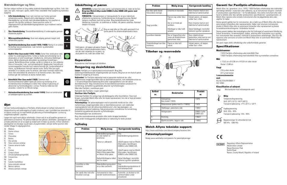 Øjet, Udskiftning af pæren, Reparation | Rengøring og desinfektion, Patentoplysninger, Garanti for panoptic-oftalmoskop, Specifikationer | Welch Allyn Panoptic Ophthalmoscope - Quick Reference Guide User Manual | Page 14 / 36