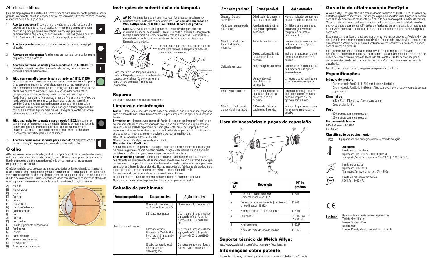 O olho, Instruções de substituição da lâmpada reparos, Limpeza e desinfecção | Informações sobre patente, Garantia do oftalmoscópio panoptic, Especificações | Welch Allyn Panoptic Ophthalmoscope - Quick Reference Guide User Manual | Page 28 / 36