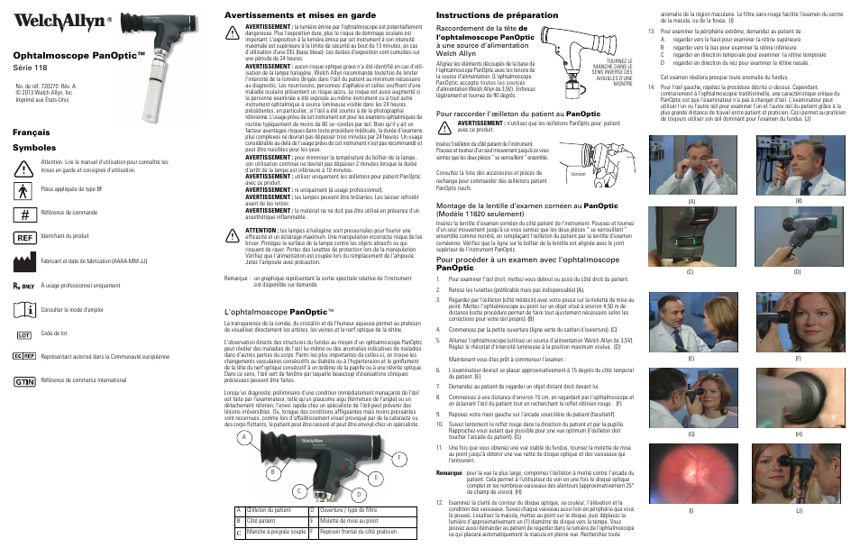 Ophtalmoscope panoptic, Français symboles avertissements et mises en garde, Instructions de préparation | Welch Allyn Panoptic Ophthalmoscope - Quick Reference Guide User Manual | Page 3 / 36