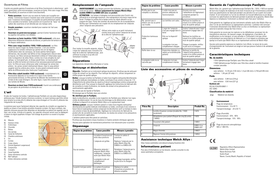 L’œil, Remplacement de l’ampoule, Réparations | Informations patient, Garantie de l’ophtalmoscope panoptic, Caractéristiques techniques | Welch Allyn Panoptic Ophthalmoscope - Quick Reference Guide User Manual | Page 4 / 36