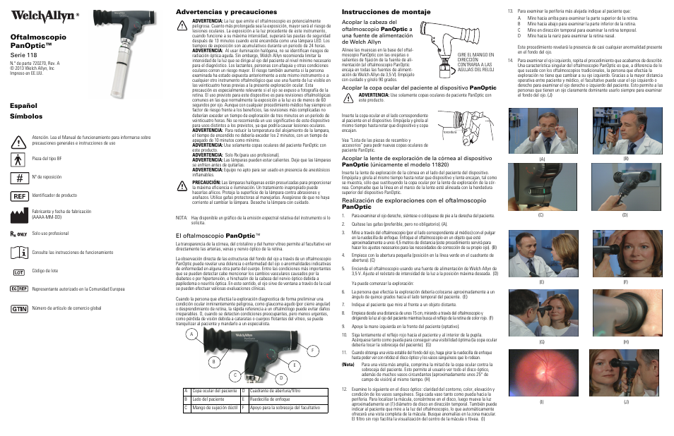 Oftalmoscopio panoptic, Español símbolos advertencias y precauciones, Instrucciones de montaje | Welch Allyn Panoptic Ophthalmoscope - Quick Reference Guide User Manual | Page 5 / 36