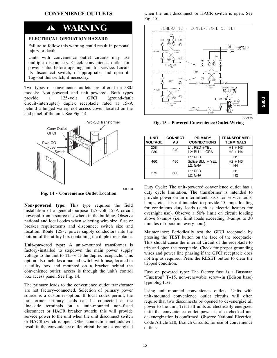 Convenience outlets, Warning | Bryant 580J*04--12 User Manual | Page 15 / 73