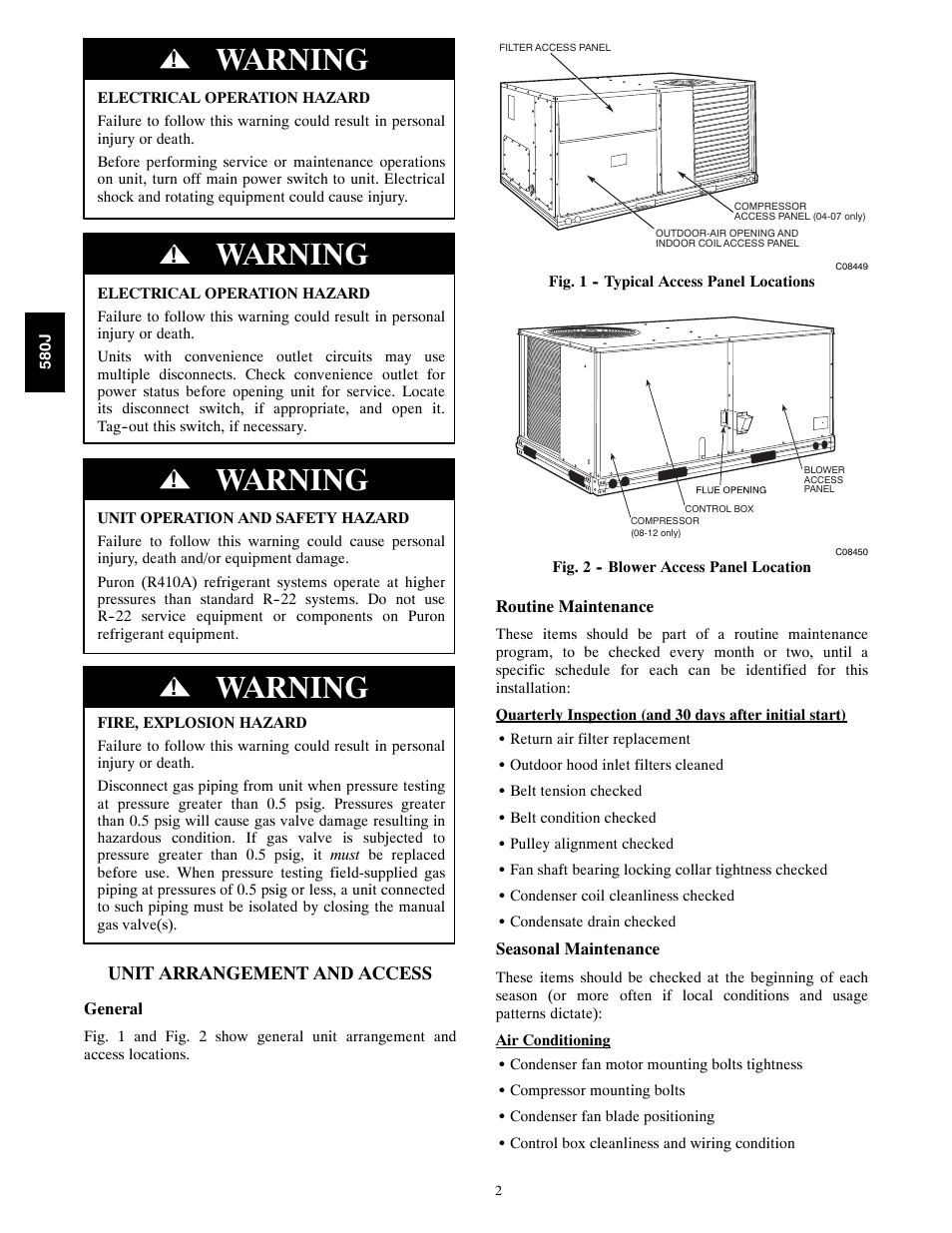 Unit arrangement and access, Warning | Bryant 580J*04--12 User Manual | Page 2 / 73