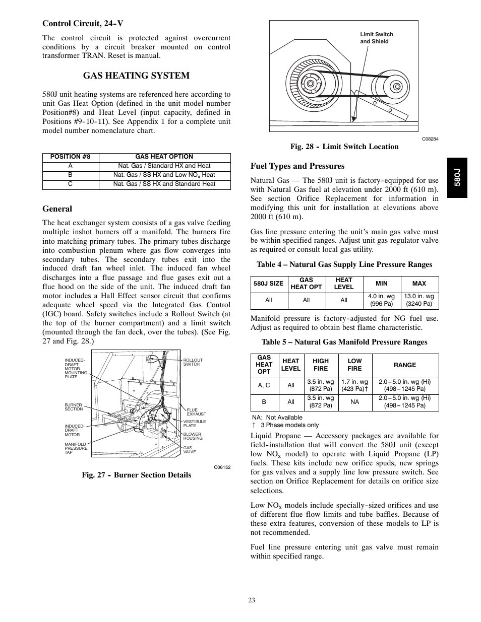 Gas heating system, Control circuit, 24--v, General | Fuel types and pressures | Bryant 580J*04--12 User Manual | Page 23 / 73