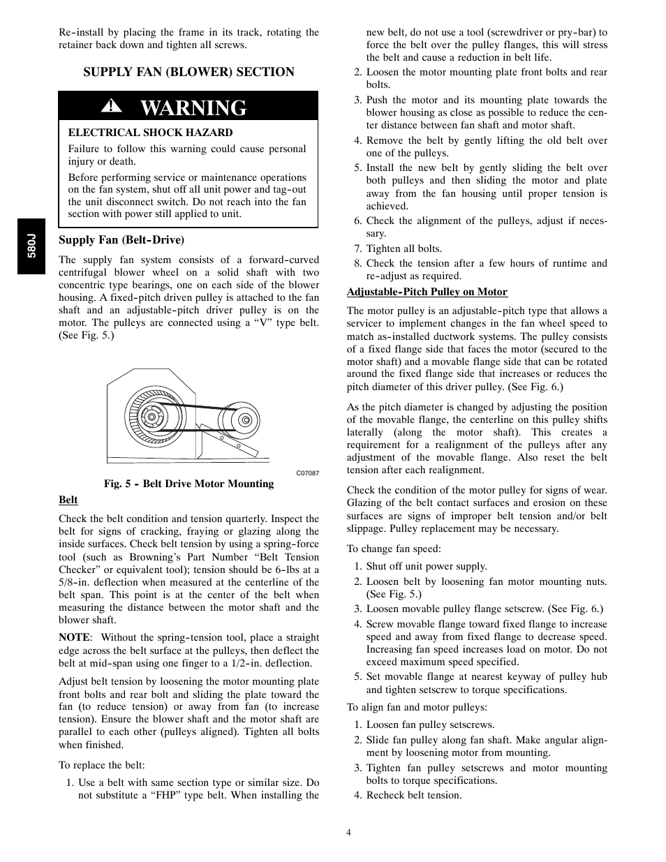 Supply fan (blower) section, Warning | Bryant 580J*04--12 User Manual | Page 4 / 73