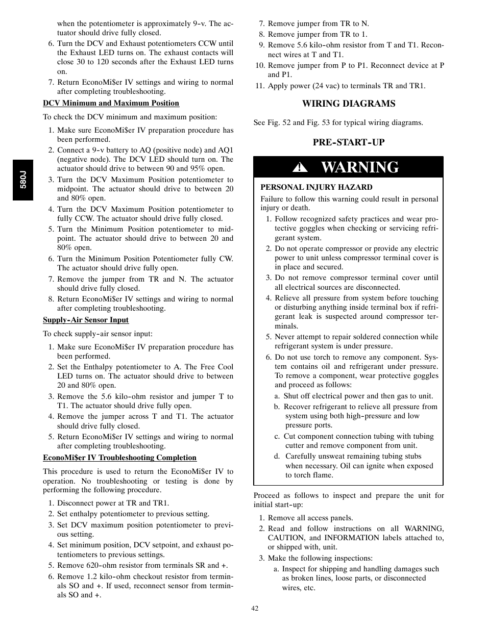 Wiring diagrams, Pre--start--up, Warning | Bryant 580J*04--12 User Manual | Page 42 / 73