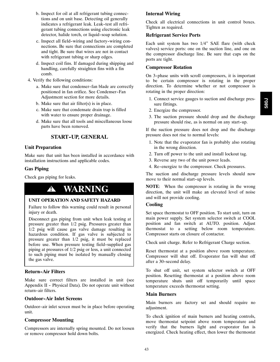 Start--up, general, Warning | Bryant 580J*04--12 User Manual | Page 43 / 73