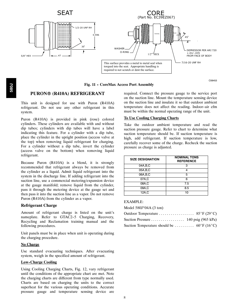 Puronr (r410a) refrigerant, Seat core, Puron r (r410a) refrigerant | Refrigerant charge | Bryant 580J*04--12 User Manual | Page 8 / 73