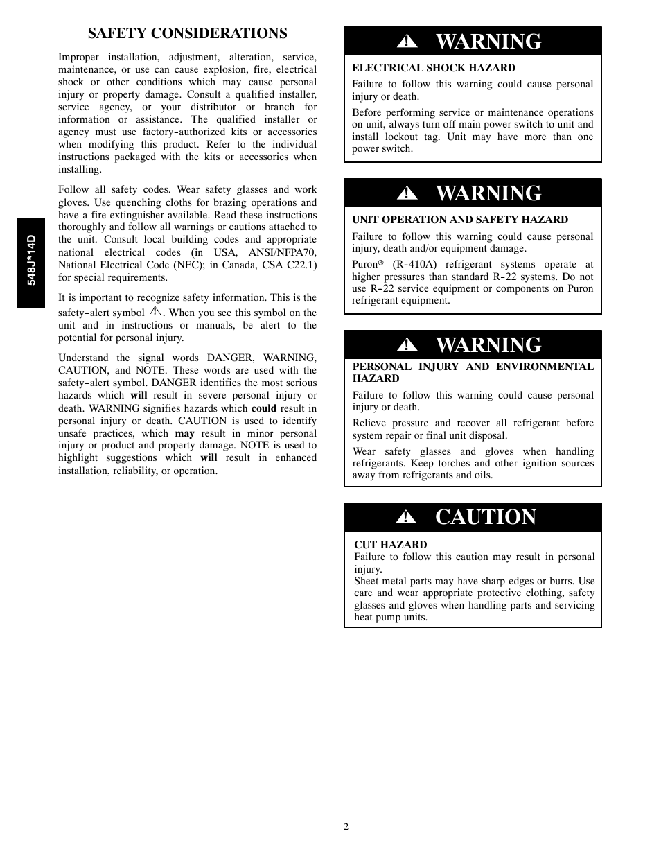 Warning, Caution, Safety considerations | Bryant 548J*14D User Manual | Page 2 / 36
