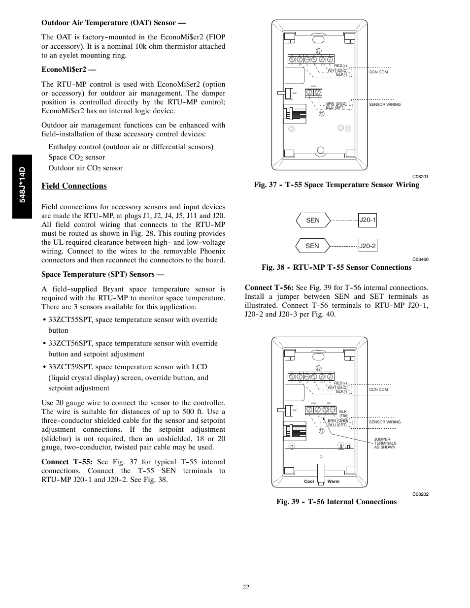 Field connections, Sensor outdoor air co, Sensor | Fig. 37 -- t space temperature sensor wiring | Bryant 548J*14D User Manual | Page 22 / 36