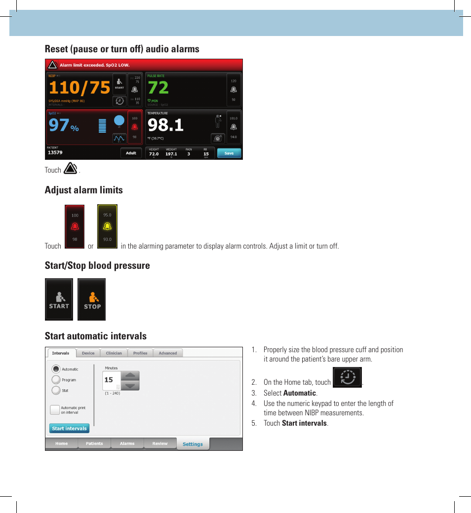 Reset (pause or turn off) audio alarms, Adjust alarm limits | Welch Allyn Connex Integrated Wall System, CIWS - Quick Reference Guide User Manual | Page 2 / 6