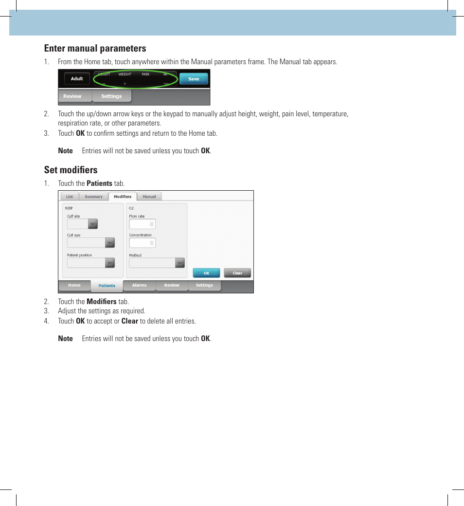 Enter manual parameters, Set modifiers | Welch Allyn Connex Integrated Wall System, CIWS - Quick Reference Guide User Manual | Page 3 / 6