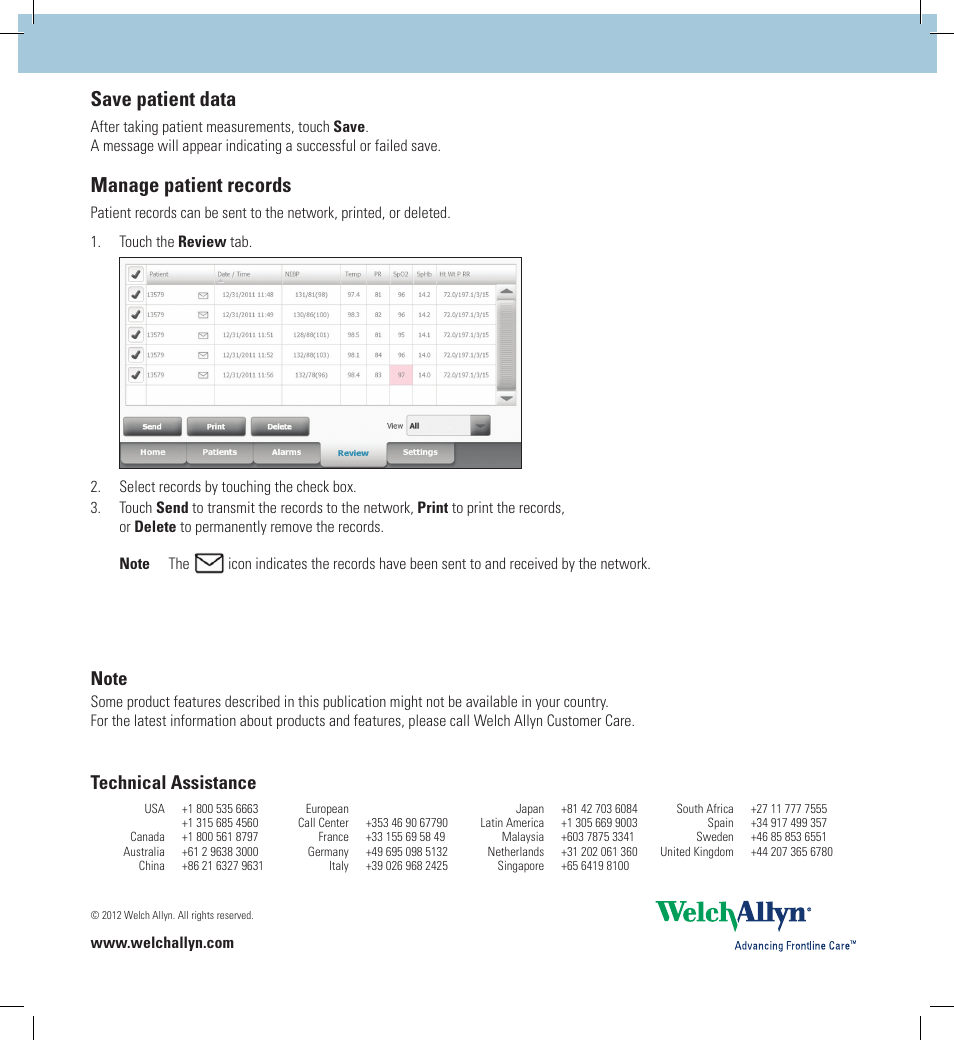 Save patient data, Manage patient records, Technical assistance | Welch Allyn Connex Integrated Wall System, CIWS - Quick Reference Guide User Manual | Page 4 / 6