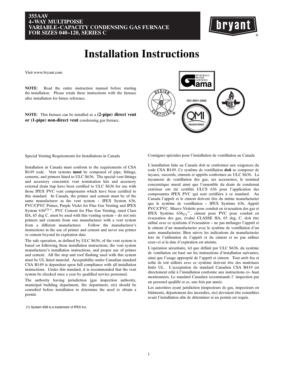 Bryant Bruant 4 Way Gas 355AAV User Manual | 60 pages