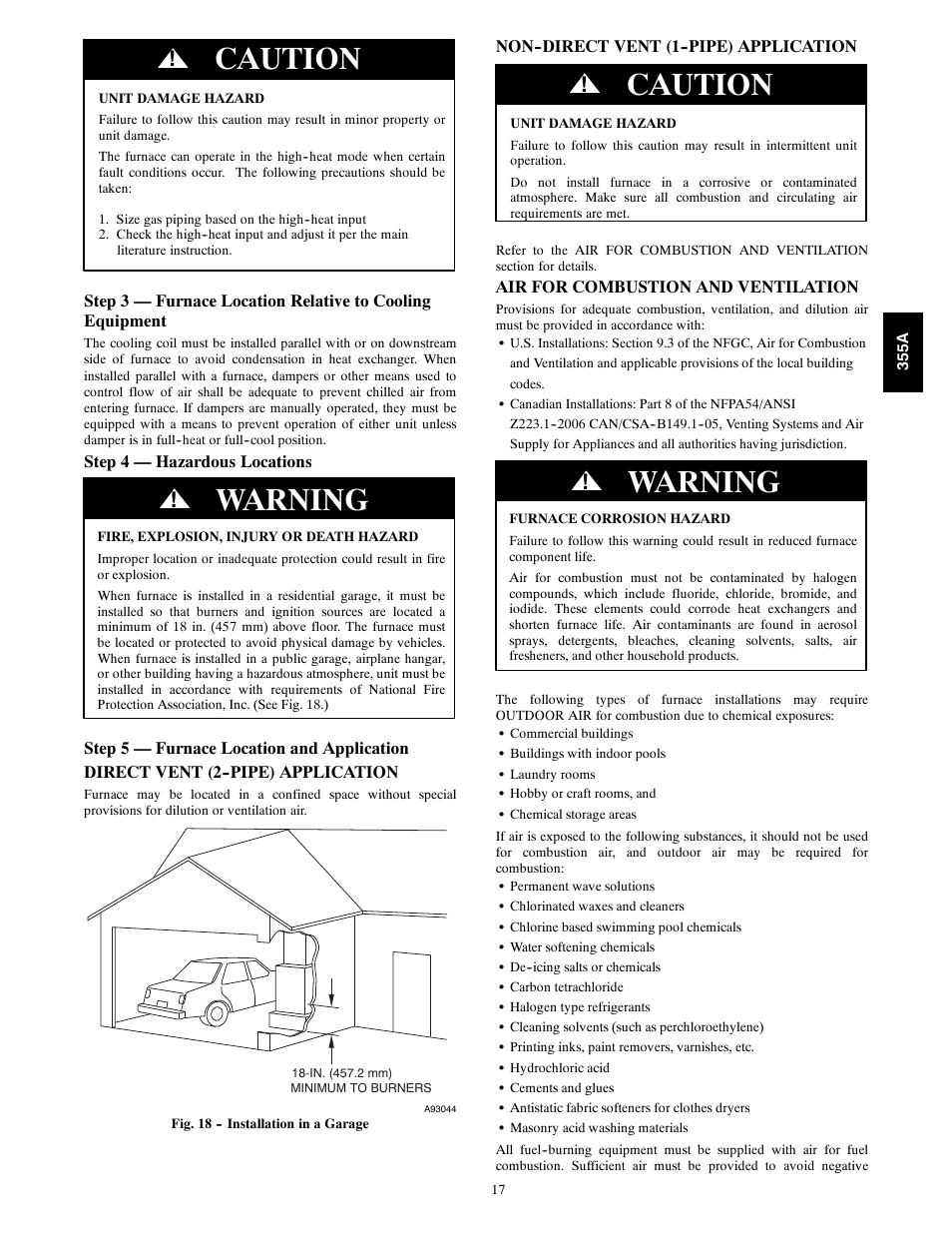 Caution, Warning | Bryant Bruant 4 Way Gas 355AAV User Manual | Page 17 / 60