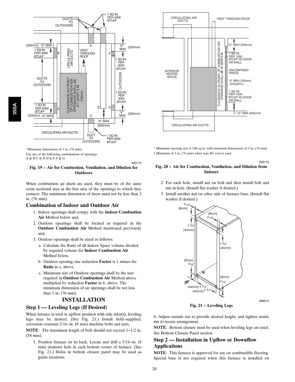 Installation, Combination of indoor and outdoor air, Step 1 — leveling legs (if desired) | 355a | Bryant Bruant 4 Way Gas 355AAV User Manual | Page 20 / 60