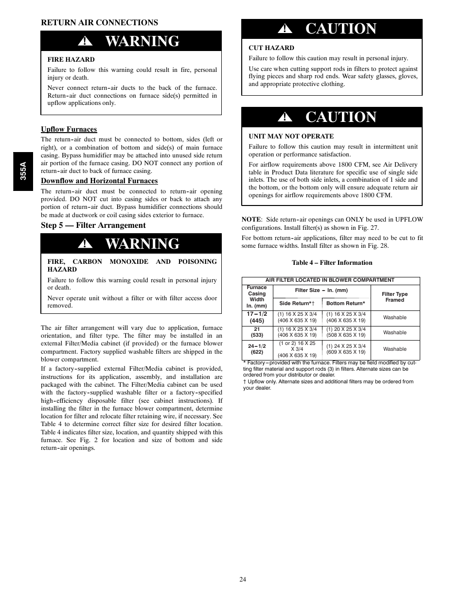 Warning, Caution, Return air connections | Step 5 — filter arrangement | Bryant Bruant 4 Way Gas 355AAV User Manual | Page 24 / 60