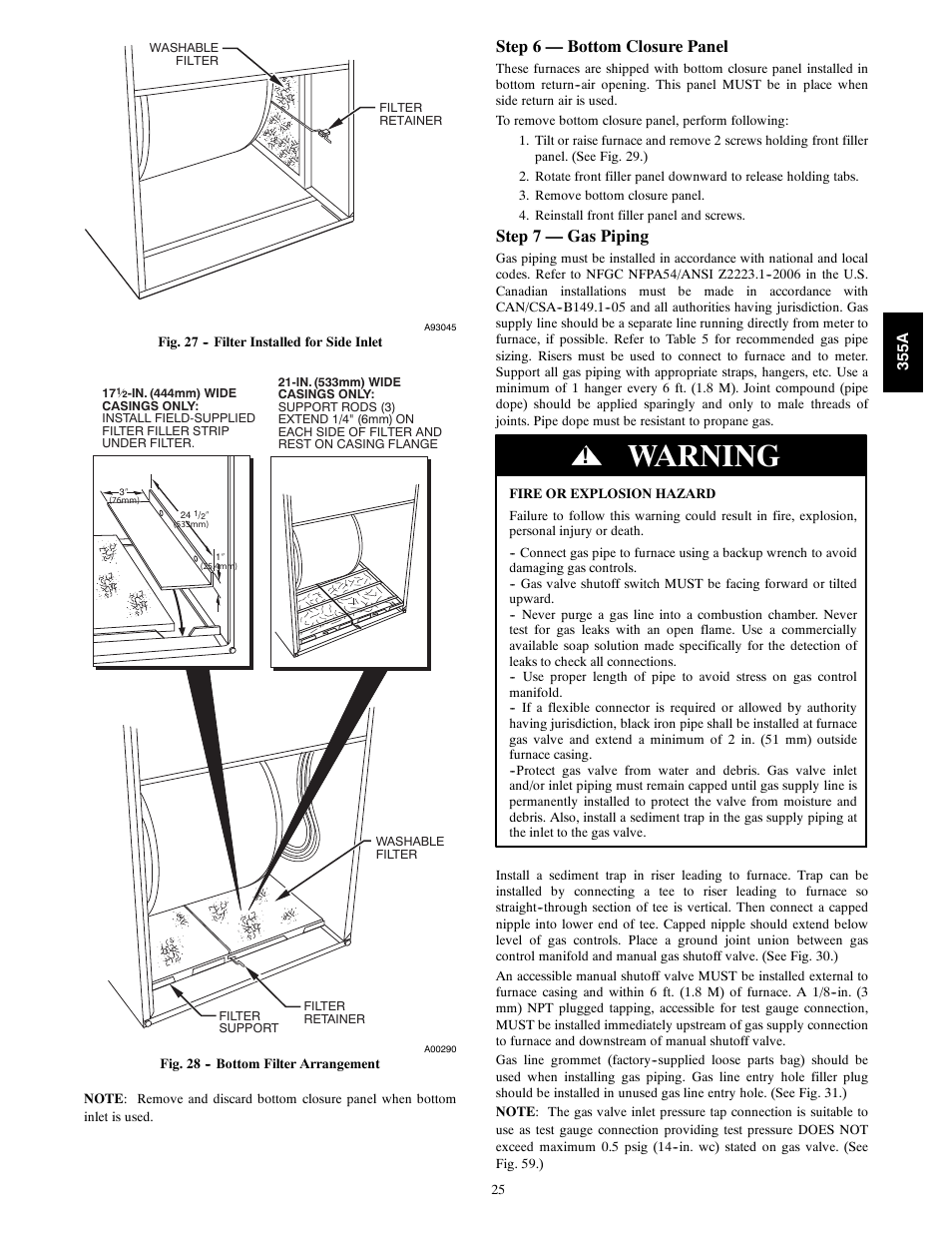 Warning, Step 6 — bottom closure panel, Step 7 — gas piping | Bryant Bruant 4 Way Gas 355AAV User Manual | Page 25 / 60