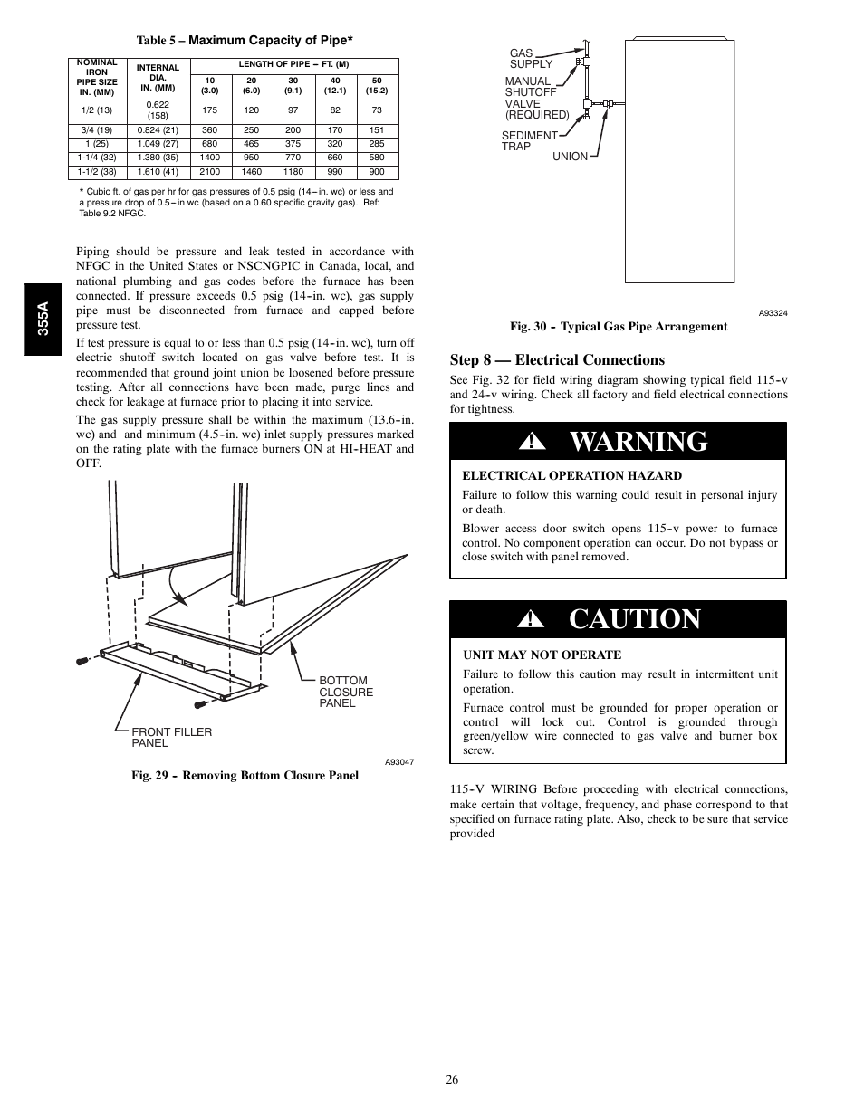 Warning, Caution, Step 8 — electrical connections | 355a | Bryant Bruant 4 Way Gas 355AAV User Manual | Page 26 / 60