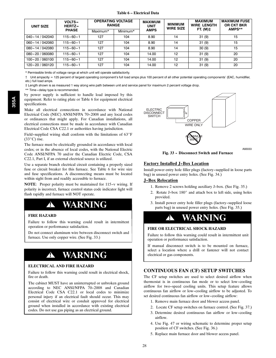 Warning, Continuous fan (cf) setup switches | Bryant Bruant 4 Way Gas 355AAV User Manual | Page 28 / 60