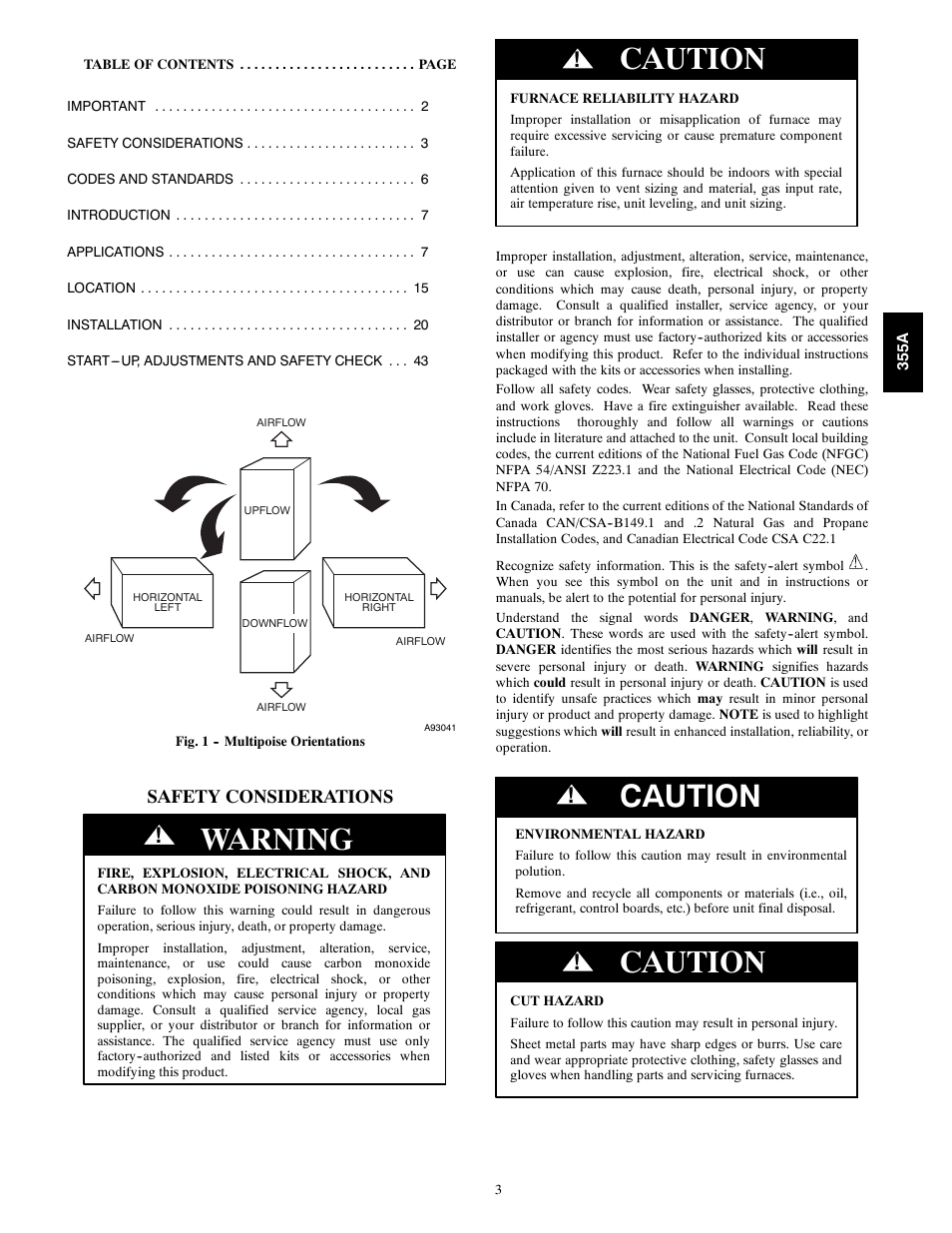 Warning, Caution, Safety considerations | Bryant Bruant 4 Way Gas 355AAV User Manual | Page 3 / 60