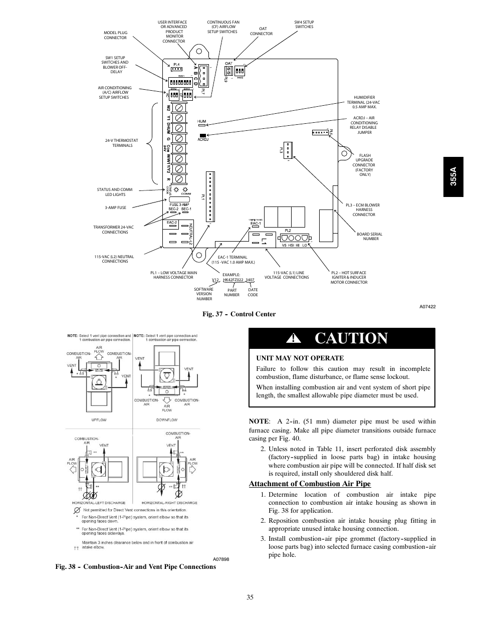 Caution, Attachment of combustion air pipe, 355a | Bryant Bruant 4 Way Gas 355AAV User Manual | Page 35 / 60