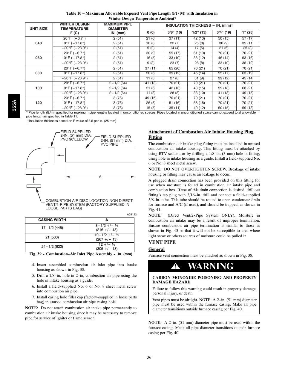 Warning, Vent pipe | Bryant Bruant 4 Way Gas 355AAV User Manual | Page 36 / 60