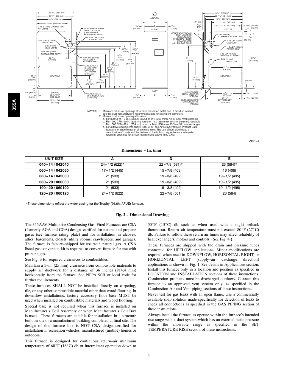 355a, Dimensions -- in. (mm) | Bryant Bruant 4 Way Gas 355AAV User Manual | Page 4 / 60