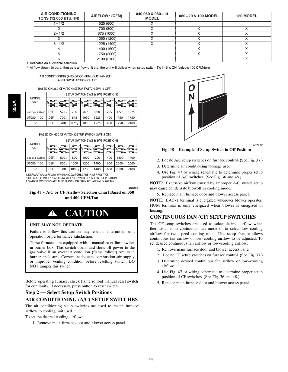 Caution, Continuous fan (cf) setup switches, 355a | Bryant Bruant 4 Way Gas 355AAV User Manual | Page 44 / 60