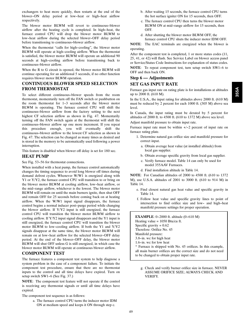 Continuous blower speed selection from thermostat, Heat pump, Component test | Step 6 — adjustments set gas input rate | Bryant Bruant 4 Way Gas 355AAV User Manual | Page 49 / 60