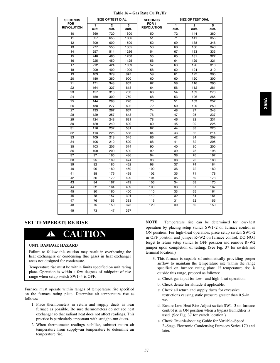 Caution, Set temperature rise, 355a | Bryant Bruant 4 Way Gas 355AAV User Manual | Page 57 / 60