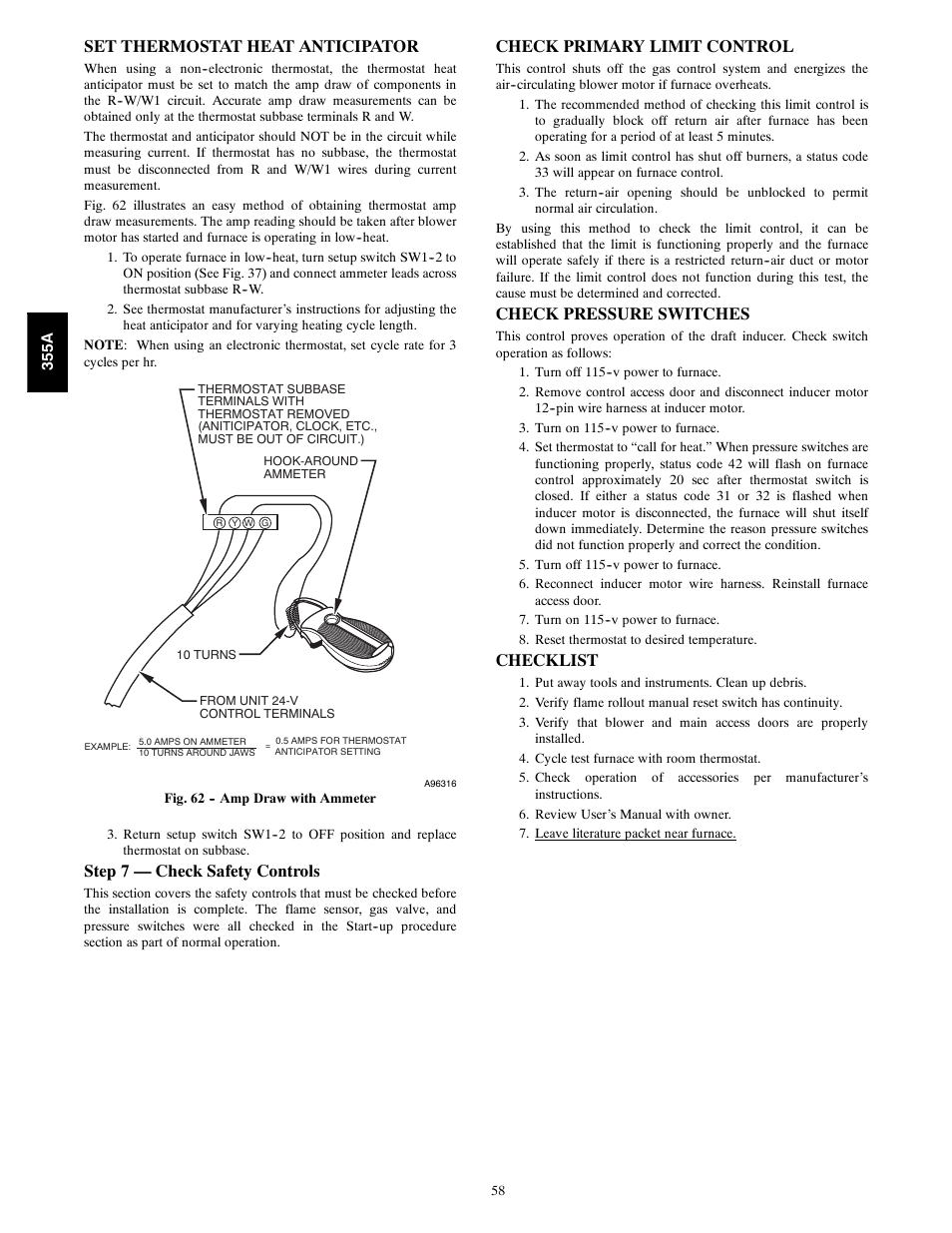 Set thermostat heat anticipator, Step 7 — check safety controls, Check primary limit control | Check pressure switches, Checklist | Bryant Bruant 4 Way Gas 355AAV User Manual | Page 58 / 60