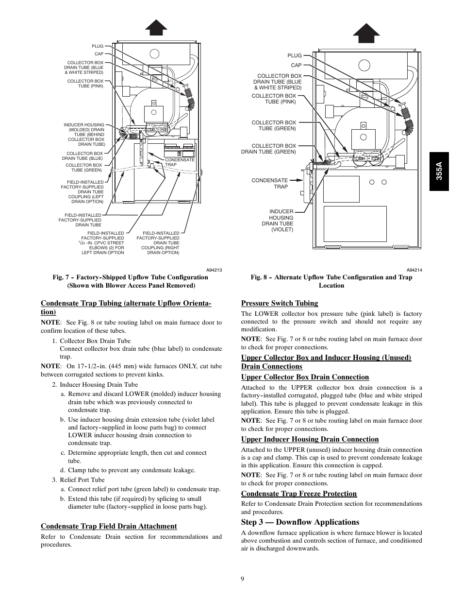 Step 3 — downflow applications, Condensate trap field drain attachment, Pressure switch tubing | Upper inducer housing drain connection, Condensate trap freeze protection, 355a | Bryant Bruant 4 Way Gas 355AAV User Manual | Page 9 / 60