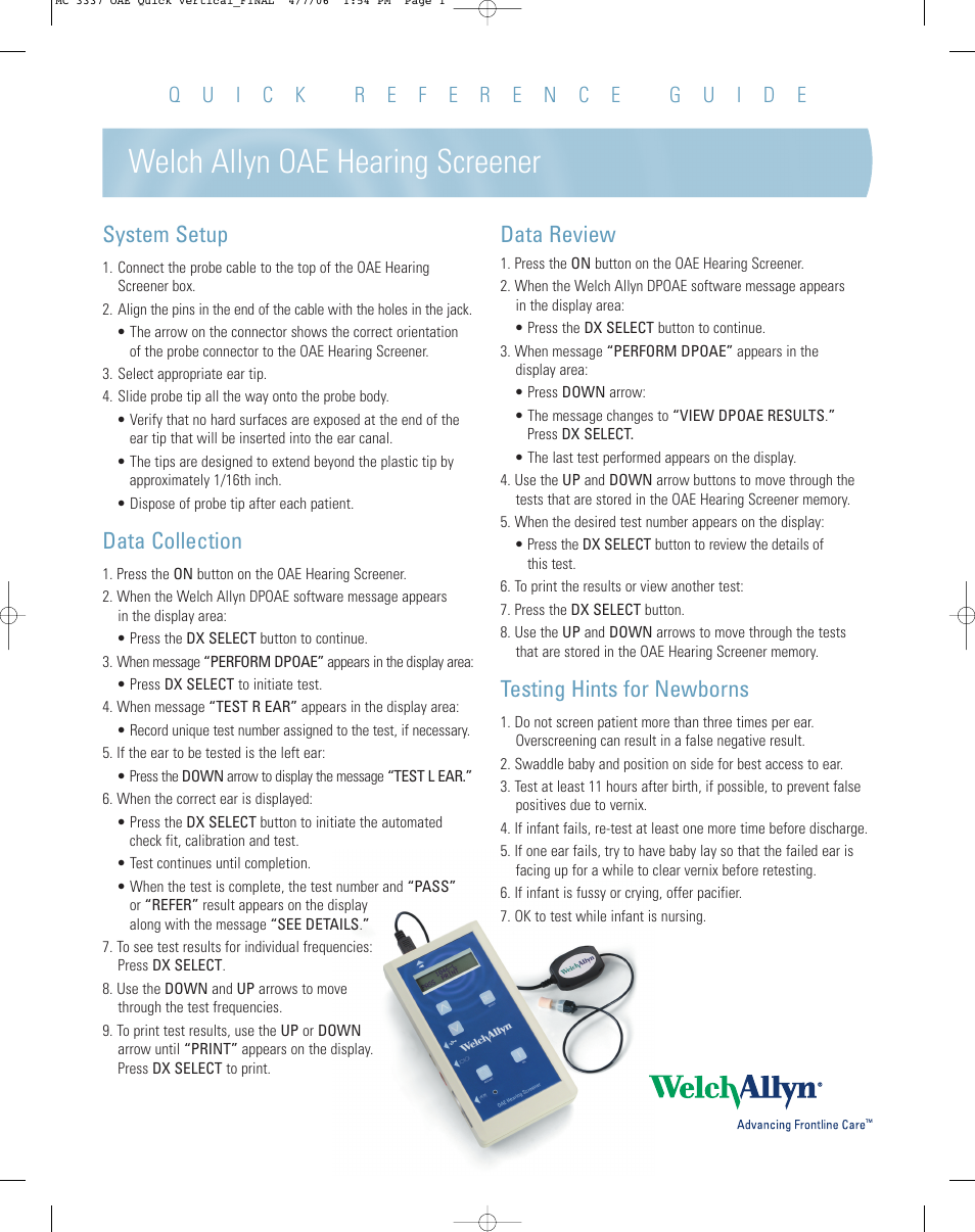 Welch Allyn OAE Hearing Screener FAQs, Troubleshooting, Test Cavity Use - Quick Reference Guide User Manual | 2 pages