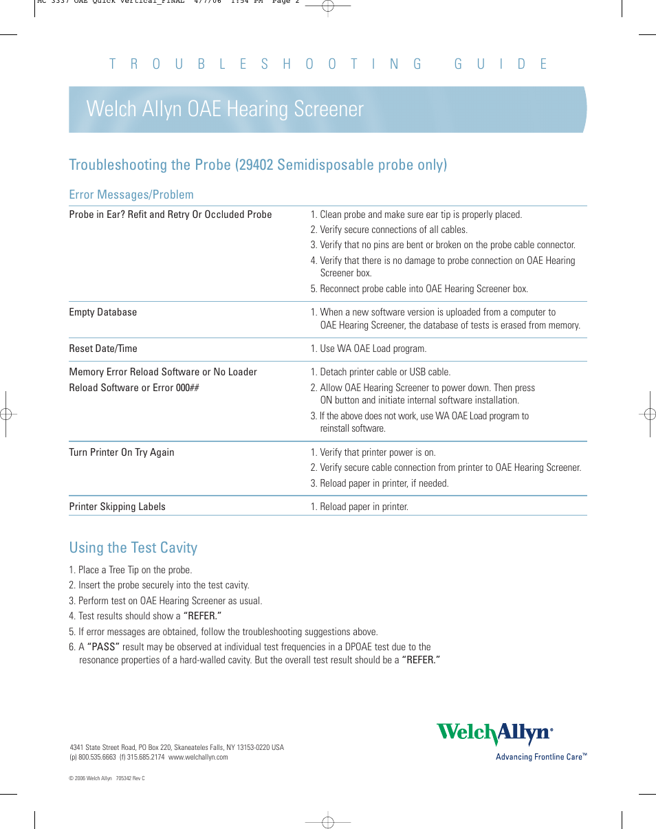 Welch allyn oae hearing screener, Using the test cavity | Welch Allyn OAE Hearing Screener FAQs, Troubleshooting, Test Cavity Use - Quick Reference Guide User Manual | Page 2 / 2