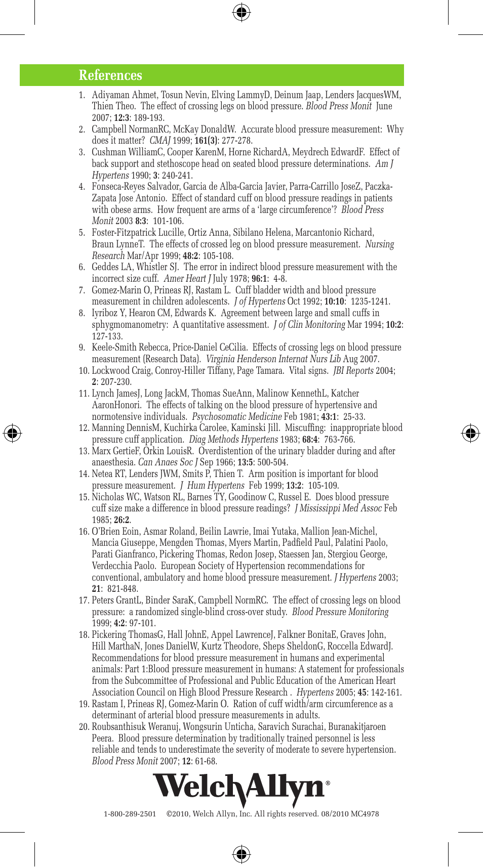 References | Welch Allyn Blood Pressure Accuracy and Variability - Quick Reference Guide User Manual | Page 2 / 2