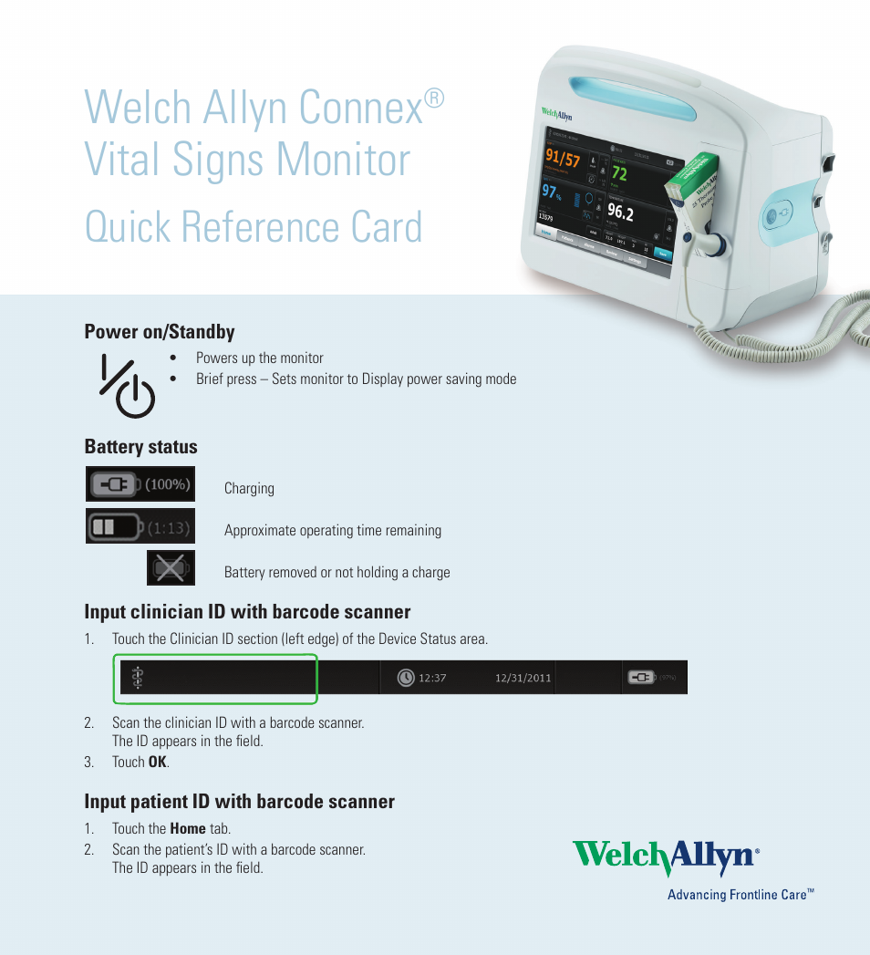 Welch Allyn Connex Vital Signs Monitor (CVSM) and Stand, Software 1.7X - Quick Reference Guide User Manual | 6 pages