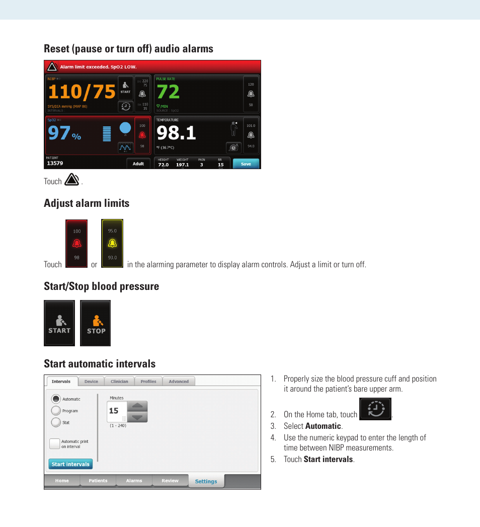Reset (pause or turn off) audio alarms, Adjust alarm limits | Welch Allyn Connex Vital Signs Monitor (CVSM) and Stand, Software 1.7X - Quick Reference Guide User Manual | Page 2 / 6
