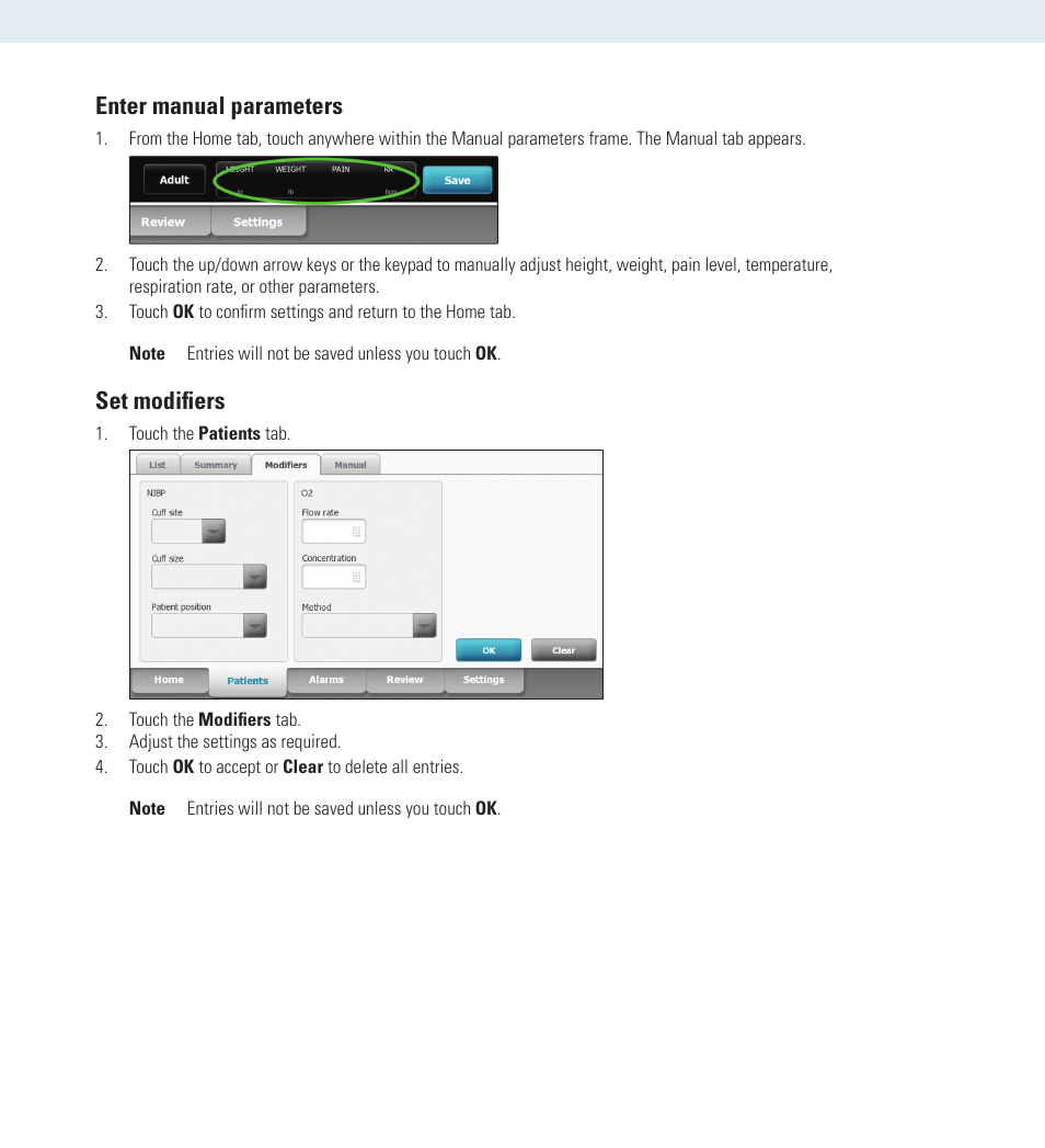 Enter manual parameters, Set modifiers | Welch Allyn Connex Vital Signs Monitor (CVSM) and Stand, Software 1.7X - Quick Reference Guide User Manual | Page 3 / 6