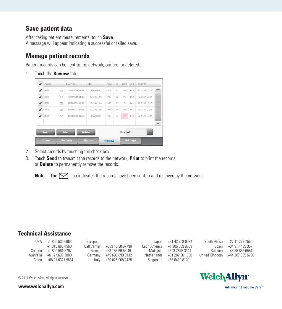 Save patient data, Manage patient records, Technical assistance | Welch Allyn Connex Vital Signs Monitor (CVSM) and Stand, Software 1.7X - Quick Reference Guide User Manual | Page 4 / 6