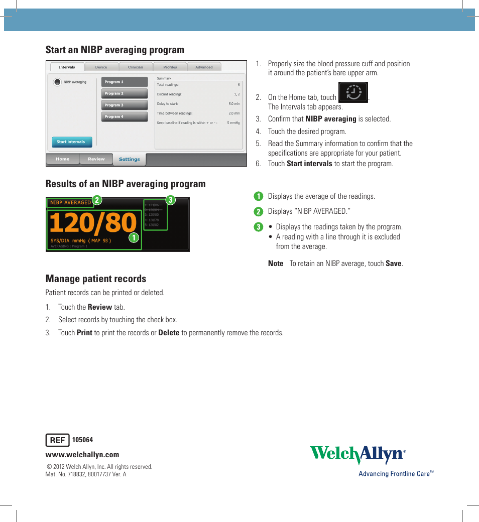 Start an nibp averaging program | Welch Allyn Connex Office Profile - Quick Reference Guide User Manual | Page 2 / 2