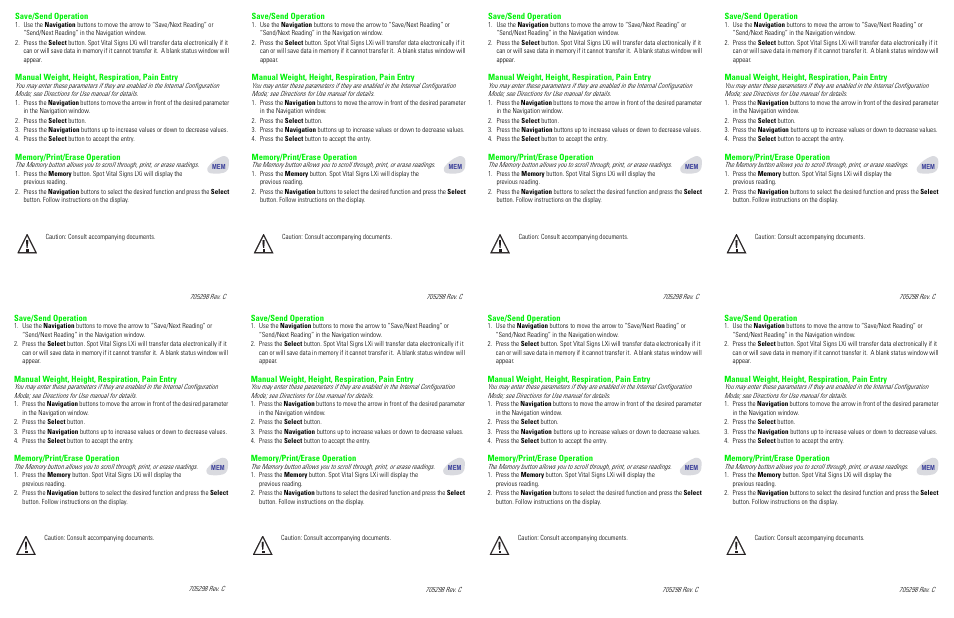 Save/send operation, Manual weight, height, respiration, pain entry, Press the select button | Press the select button to accept the entry, Memory/print/erase operation | Welch Allyn Spot Vital Signs LXI - Quick Reference Guide User Manual | Page 2 / 2