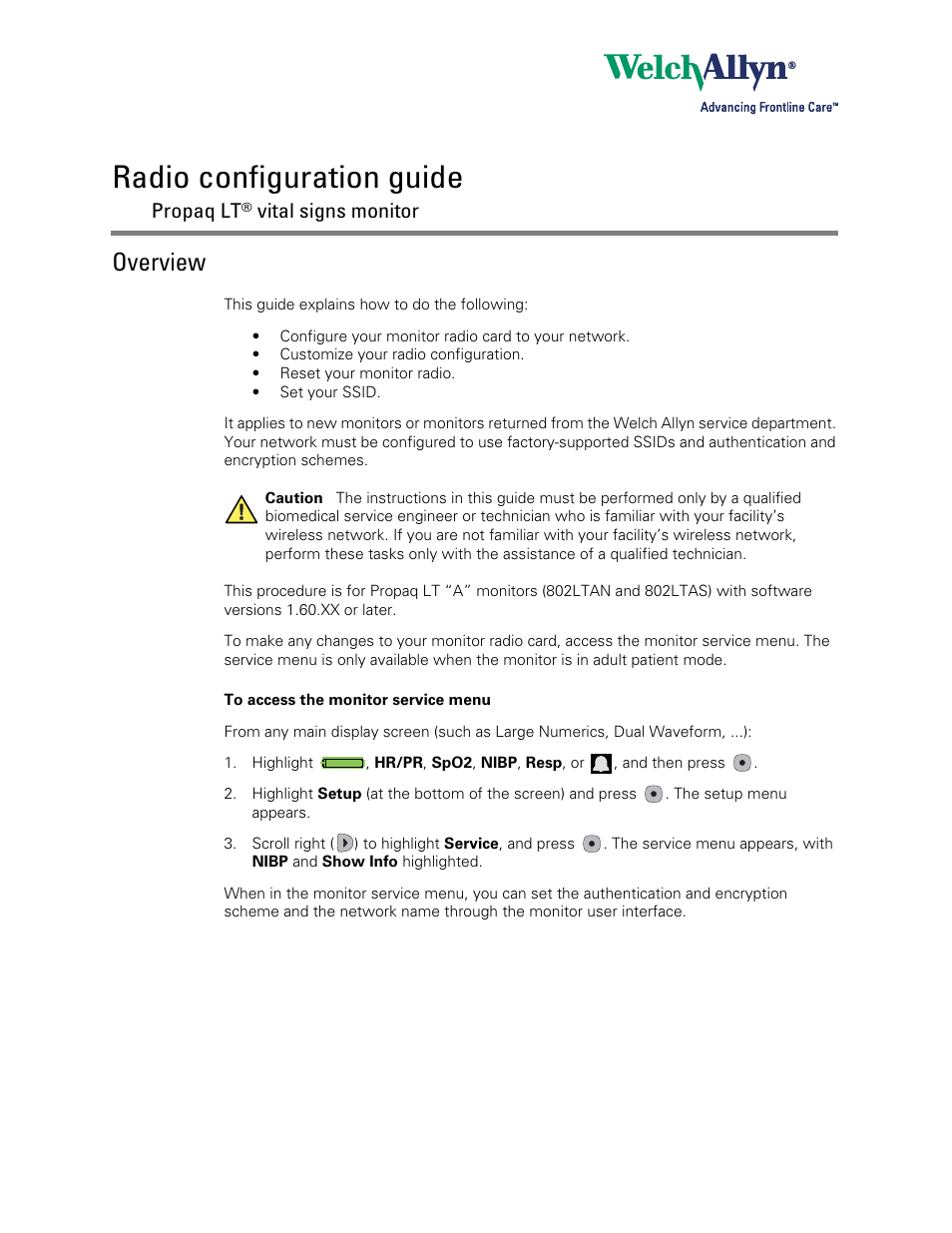 Welch Allyn Propaq LT Monitor Radio Configuration - Quick Reference Guide User Manual | 8 pages