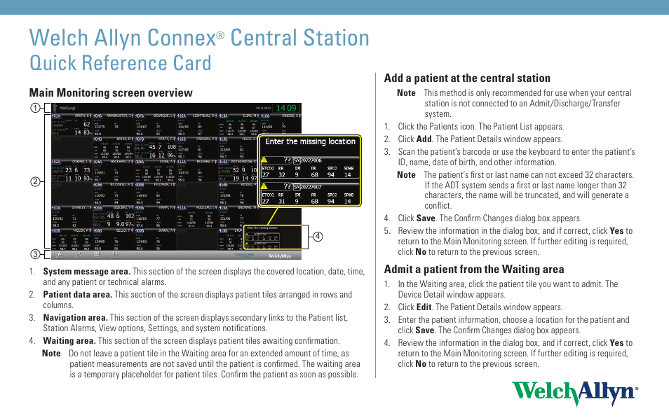 Welch Allyn Connex Central Station - Quick Reference Guide User Manual | 4 pages