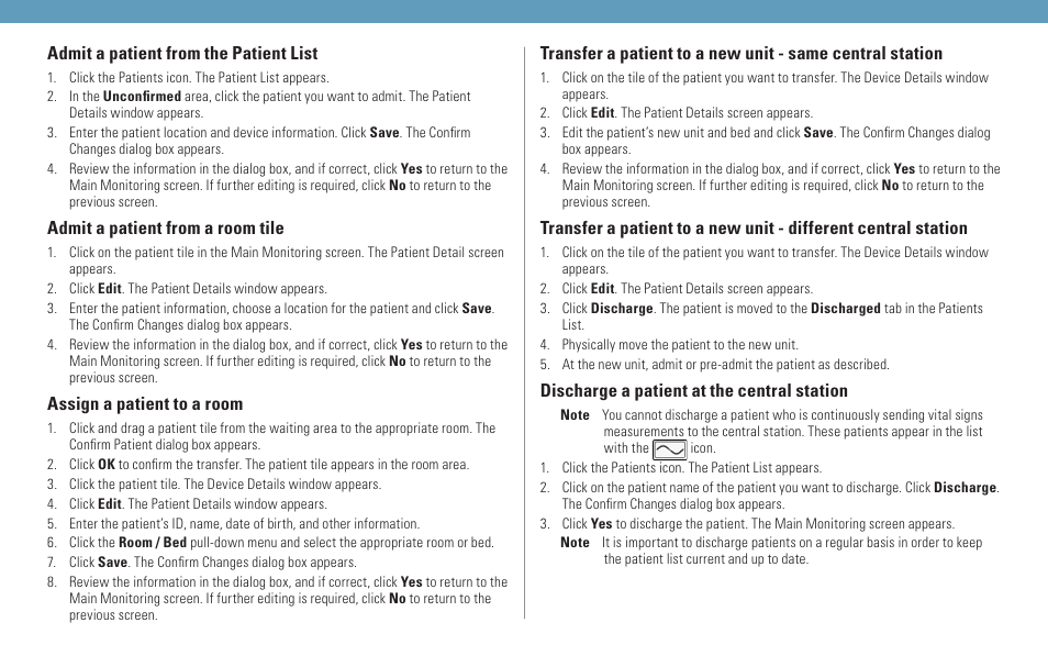 Admit a patient from the patient list, Admit a patient from a room tile, Assign a patient to a room | Discharge a patient at the central station | Welch Allyn Connex Central Station - Quick Reference Guide User Manual | Page 2 / 4