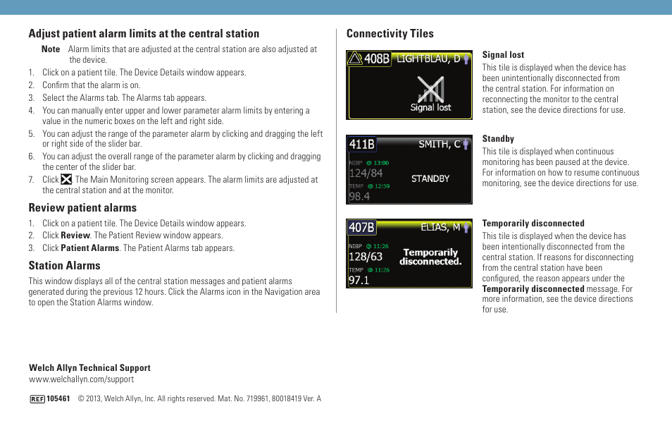 Review patient alarms, Station alarms | Welch Allyn Connex Central Station - Quick Reference Guide User Manual | Page 4 / 4