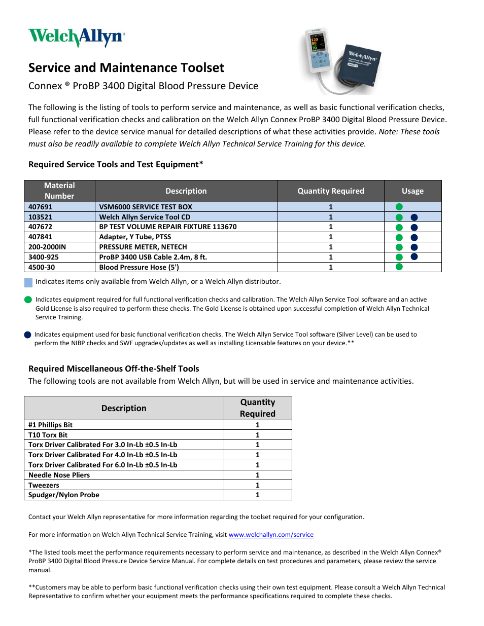 Welch Allyn Connex ProBP 3400, Required Service Tools and Test Equipment - Quick Reference Guide User Manual | 1 page