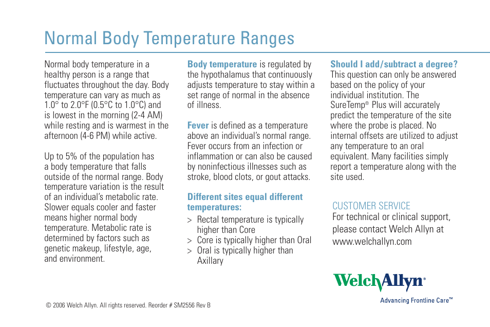 Normal body temperature ranges | Welch Allyn Normal Temperature Range - Quick Reference Guide User Manual | Page 2 / 2