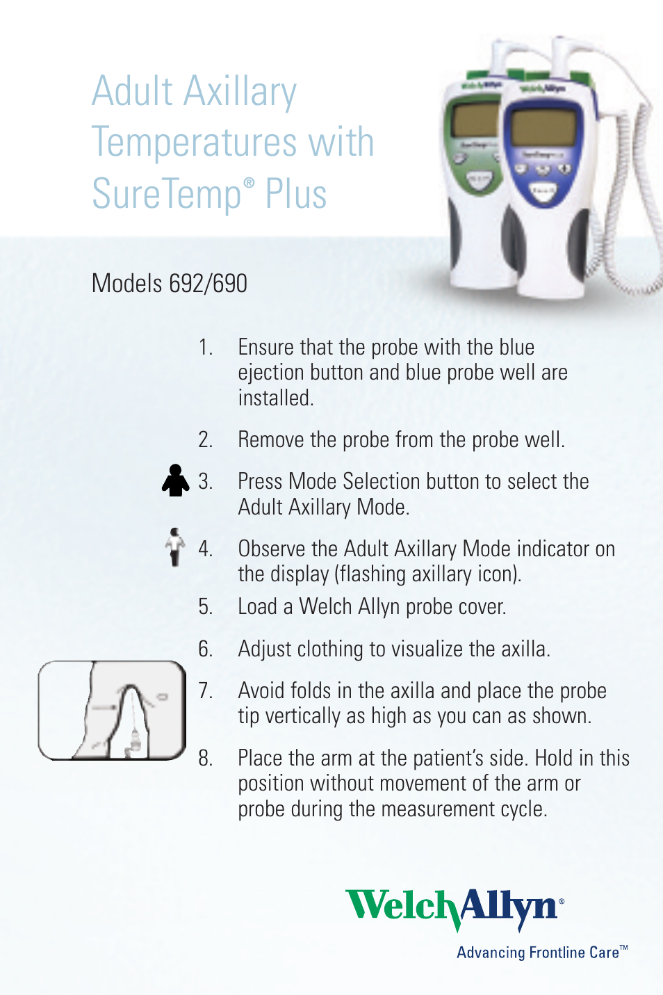 Welch Allyn SureTemp Plus Adult Axillary Temperature - Quick Reference Guide User Manual | 2 pages