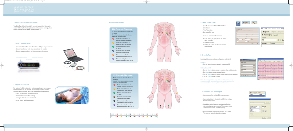 Quick start guide, Aha electrode placement, Iec electrode placement | 3 prepare your patient, 4 connect electrodes 5 create a new patient, 7 review data and print report, 6 record a test | Welch Allyn Cardio Perfect Resting ECG - Quick Reference Guide User Manual | Page 2 / 2